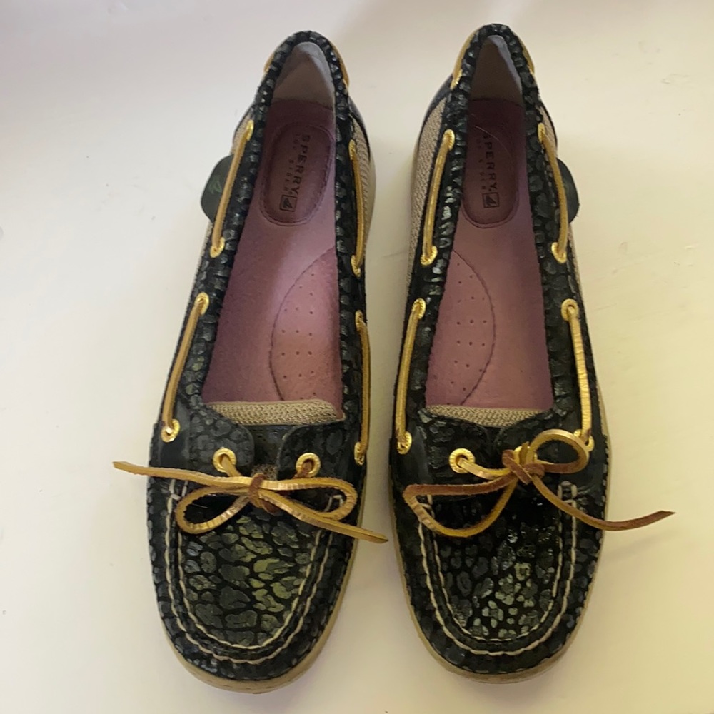 Black Cheetach Sperry Loafers, size 10